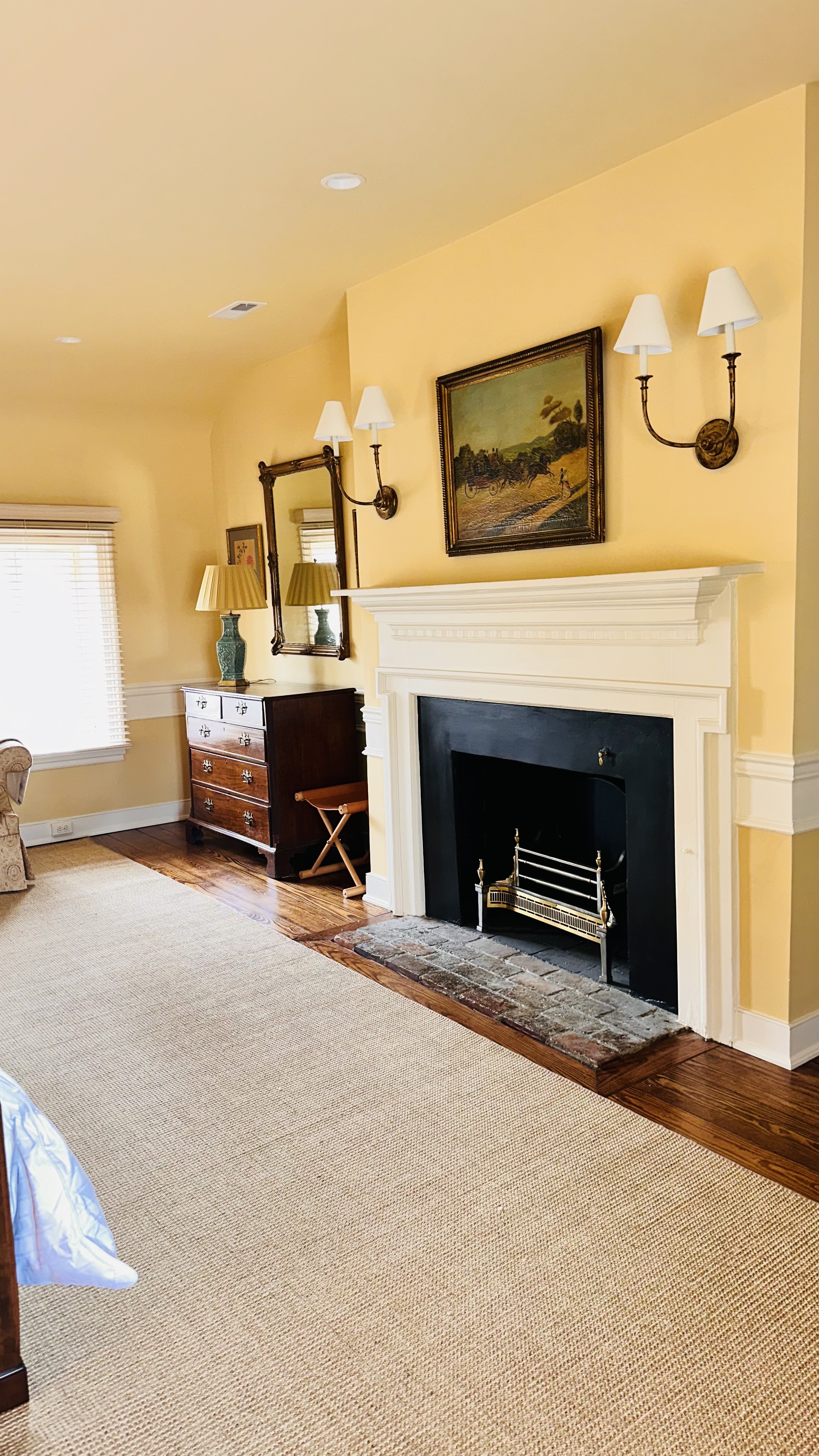 chest with a lamp and fireplace
