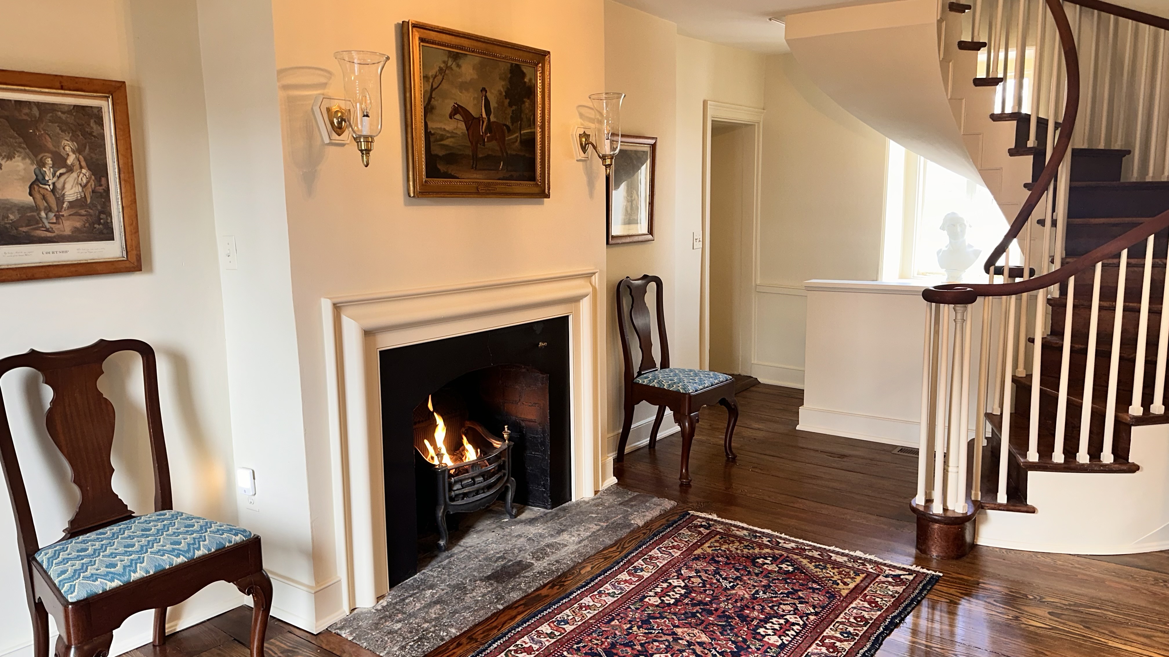 foyer fireplace with coal basket