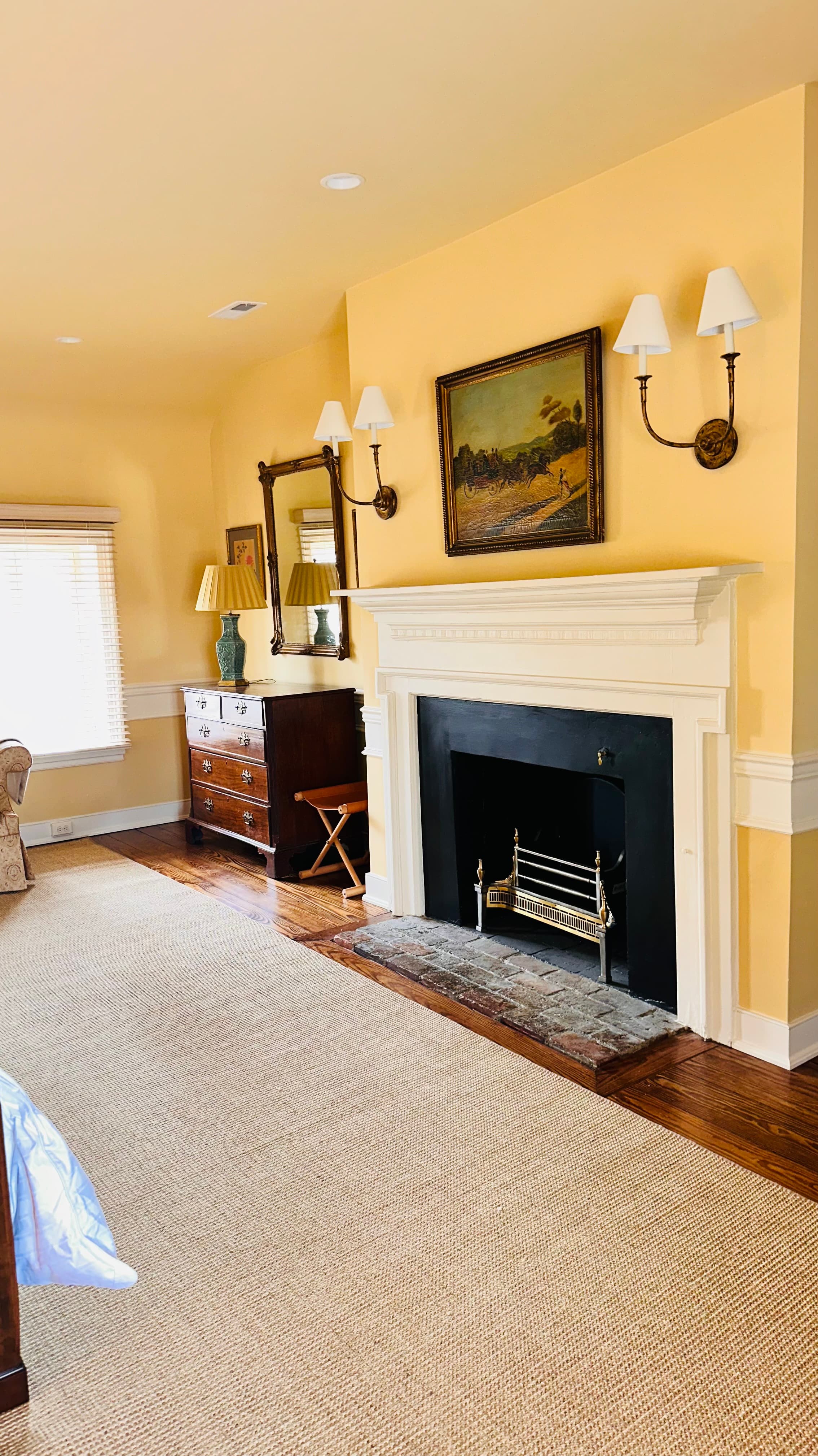 chest with a lamp and fireplace