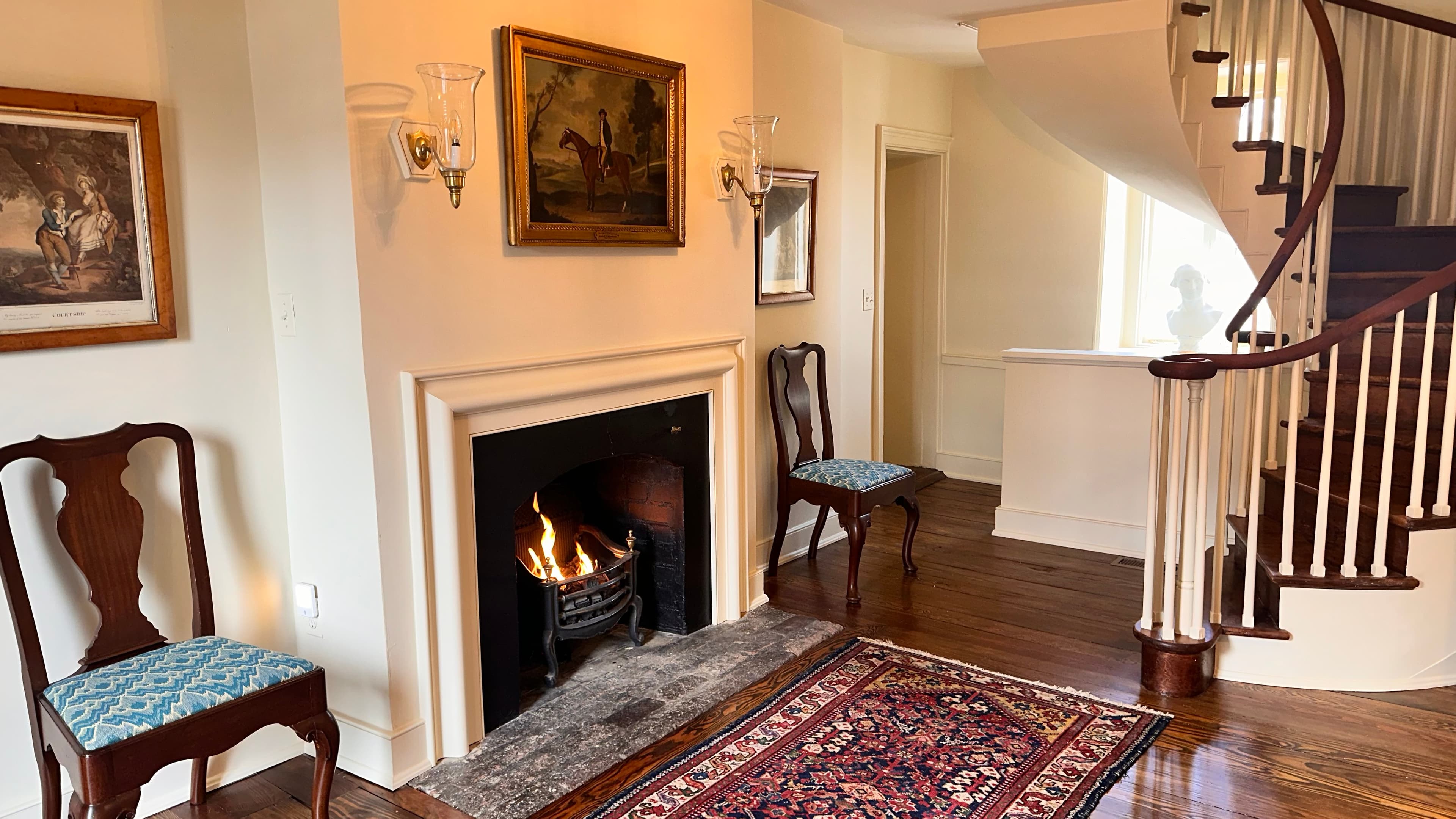 foyer fireplace with coal basket