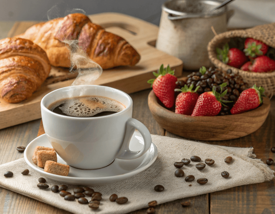 A steaming cup of coffee sits next to croissants, fresh strawberries, and coffee beans on a rustic table.