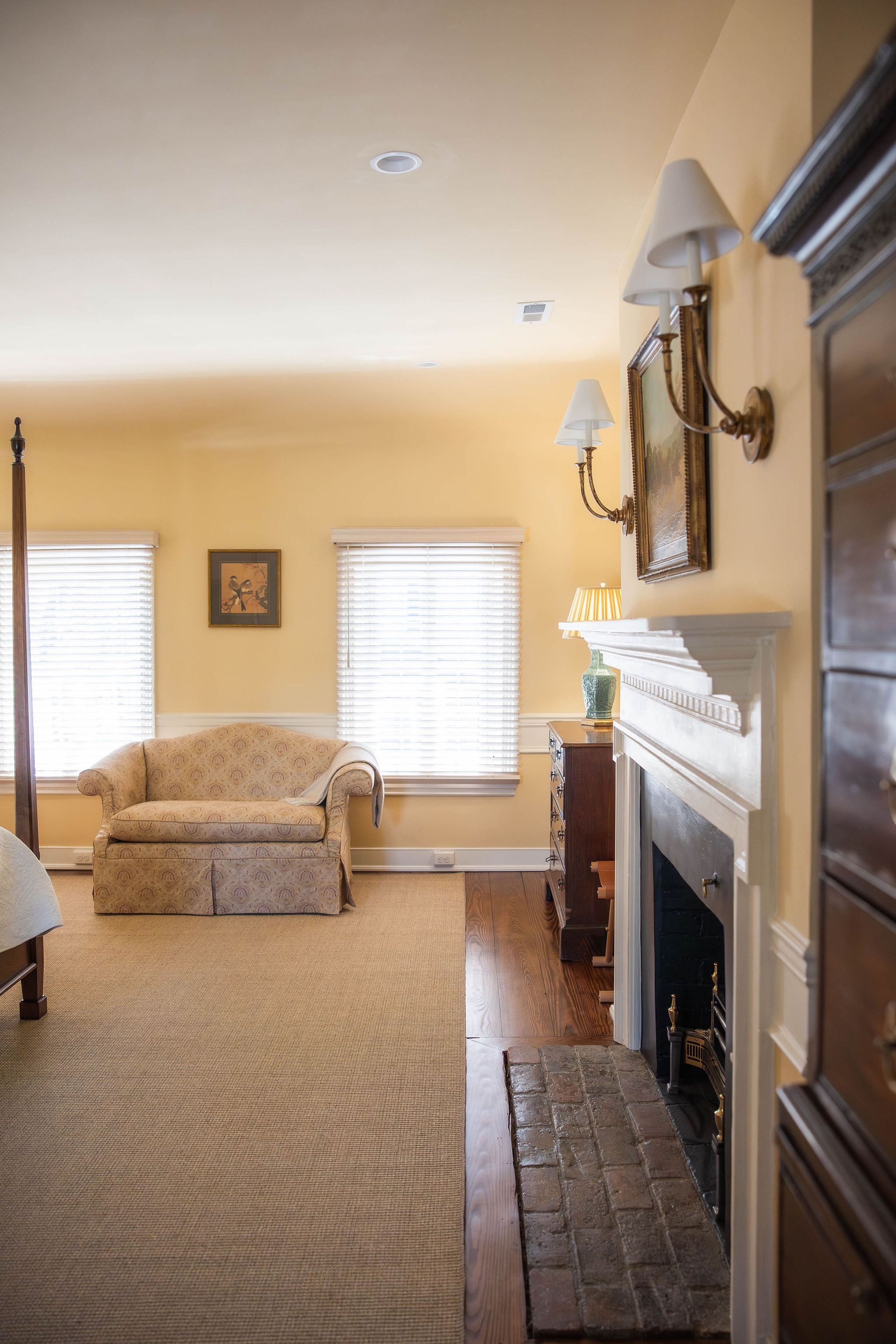 chest with a lamp and fireplace