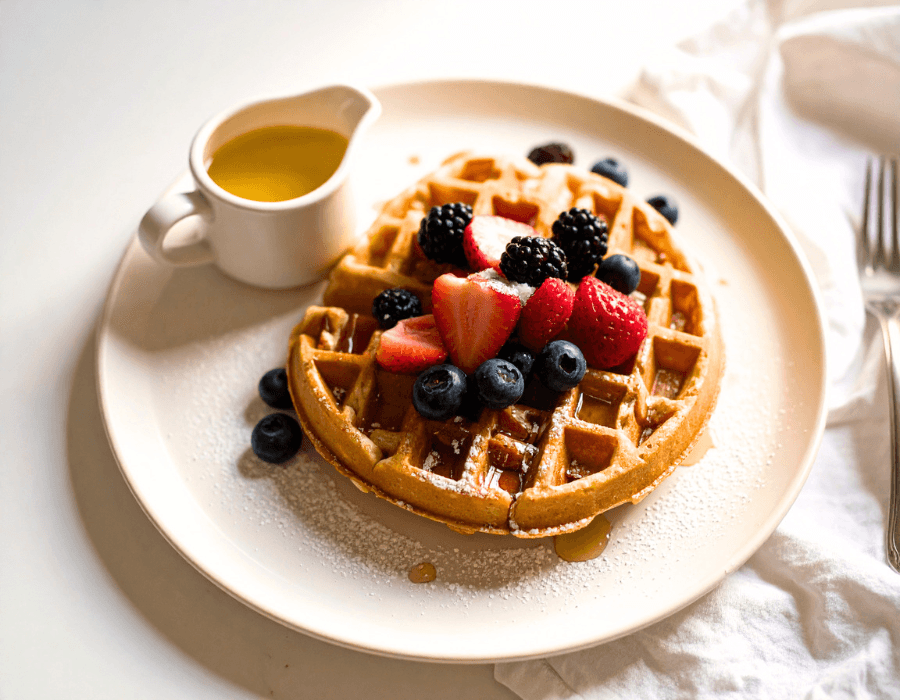 A plate of golden waffles topped with mixed berries and a small jug of syrup.